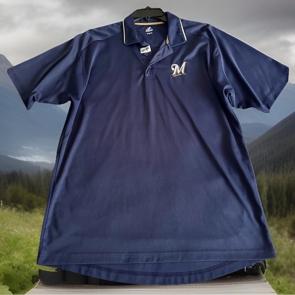 NEW Mens Large Majestic MLB Milwaukee Brewers Polo Navy Blue Baseball Shirt Poly